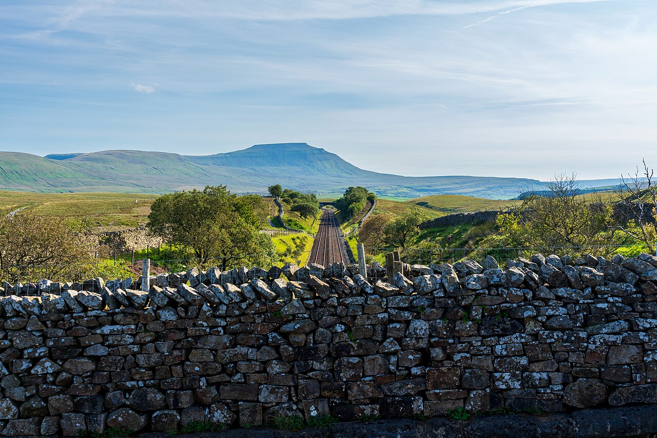 off-lead walks yorkshire dales - Ingleborough Framed by Stone Walls and Rails – Yorkshire Dales National Park